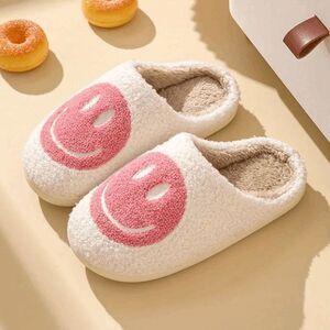 Pink and White Fuzzy Smiley Face Slippers Size 5.5/6